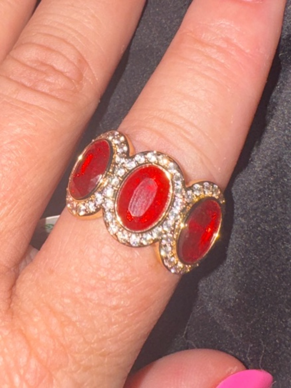 bp Gold-Tone Ring with Three Red Cabochons and Crystal Halo